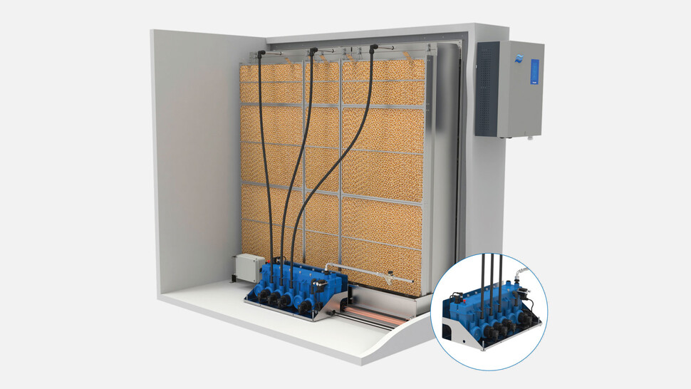 Evaporative humidifier with innovative hydraulic unit Evaporative humidifier with innovative hydraulic unit